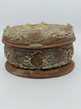 Ornate Brown and Cream Incolay stone Decorative Jewelry Box